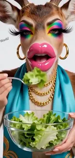 Artistic deer with vibrant makeup and accessories.