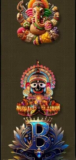 Colorful deities and ornate designs on dark brown wallpaper.