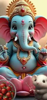 Adorable elephant deity with pink ears and strawberries on a vibrant wallpaper.