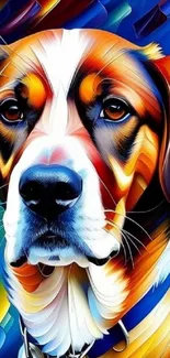 Vibrantly painted dog portrait with bold orange and blue hues.