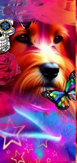 Vibrant dog wallpaper with butterfly, skull, and colorful design.