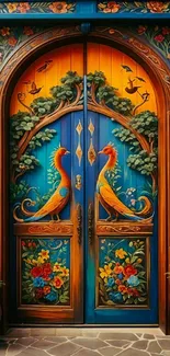 Vibrant artistic doorway with colorful designs and floral patterns.