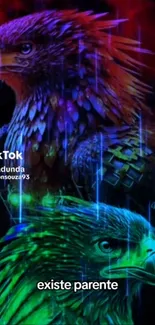 Vibrant artistic wallpaper of two colorful eagles under neon lighting.