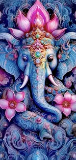 Artistic elephant with flowers in blue hues for mobile wallpaper.