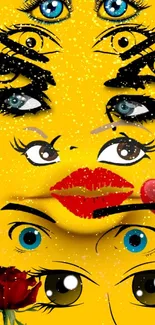 Colorful emoji wallpaper with expressive eyes and lips on a yellow background.