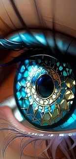 Intricate artistic eye design in blue and gold tones for mobile wallpaper.