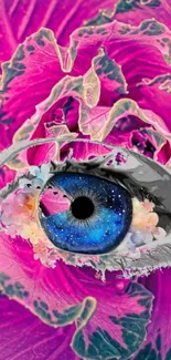 Vibrant cosmic eye with pink floral background.