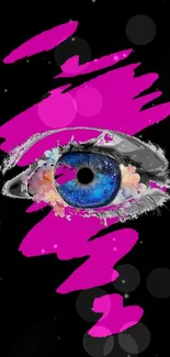 Artistic eye with magenta brush strokes and a blue iris.