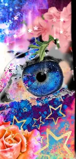 Artistic wallpaper featuring a blue eye with stars and pink roses.