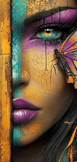 Vibrant face with butterfly and bold colors wallpaper.