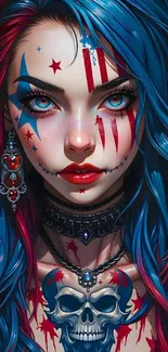 Vibrant artistic face design with colorful makeup and tattoos.