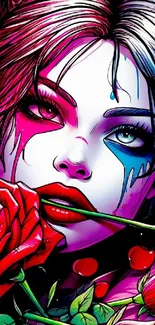 Artistic face with vibrant colors and red roses.