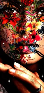 Vibrant floral artistic face wallpaper with black background.