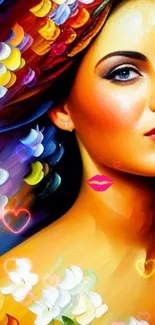 Vibrant artistic wallpaper with colorful portrait and abstract elements.