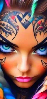 Vibrant face art wallpaper with colorful hair and abstract designs.