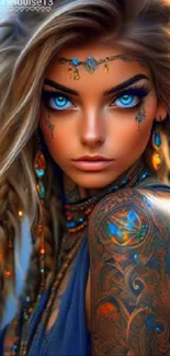 Fantasy portrait of a woman with blue eyes and tattoos in a colorful design.