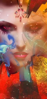 Artistic vibrant female face with fiery colors and abstract elements.