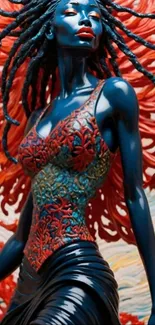 Vibrant dark blue and red artistic female figure in dynamic design.