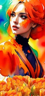 Vibrant portrait of a woman with flowers in orange and multicolor tones.