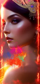 Vibrant artistic portrait of a woman with fiery and colorful background.