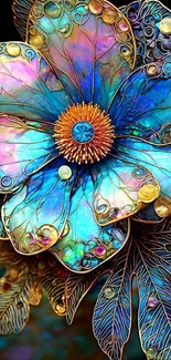 Intricate vibrant floral design with blue and gold hues.