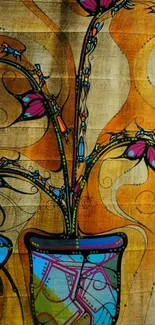 Colorful floral art wallpaper with abstract vase design.