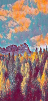 Vibrant artistic forest with autumn colors and mountain view.