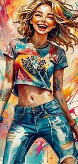 Stylized artistic girl with splashes of color, ideal for a mobile wallpaper.