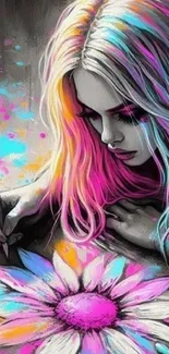 Colorful artistic girl drawing a vibrant flower.