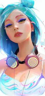 Artistic girl with colorful hair and headphones in a vibrant digital art style.