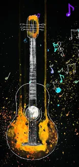 Vibrant guitar illustration with music notes on a dark background.