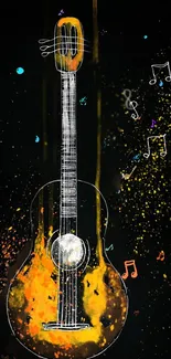 Artistic guitar wallpaper with colorful notes on black background.