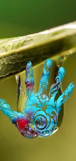 Artistic colorful hand with vibrant design within nature.