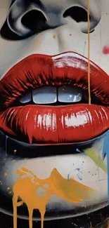 Artistic wallpaper with bold red lips and colorful splashes.