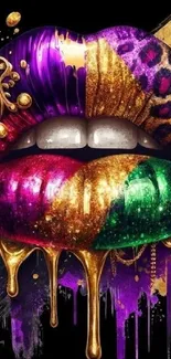 Colorful artistic lips wallpaper with gold accents.