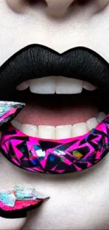 Mobile wallpaper featuring black and neon pink lips with artistic design.