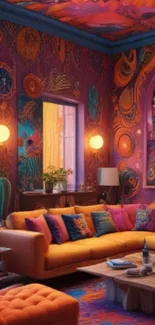 Vibrant living room with colorful decor and artful walls.