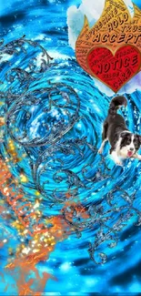 Vibrant blue wallpaper with artistic love motifs and a playful dog.