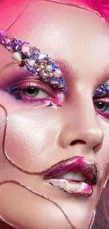 Creative makeup art with bold pink hues and embellishments.