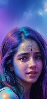 Colorful artistic portrait with vibrant hues of blue and purple.