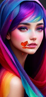 Vibrant digital portrait with colorful scarf, perfect for mobile wallpaper.