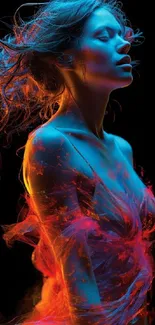 Colorful artistic portrait of a woman in red and blue hues on black background.