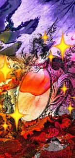 Vibrant mobile wallpaper with purple, orange, and a baroque mirror.