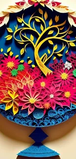 Colorful artistic tree and floral pattern wallpaper.