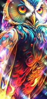 Vibrant artistic owl wallpaper with colorful feathers.