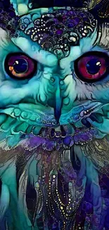 Vibrant turquoise and purple artistic owl wallpaper design.