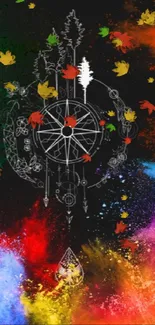 Artistic phone wallpaper with a colorful compass and ink splashes.