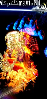 Artistic phone wallpaper with golden skull and fiery elements.