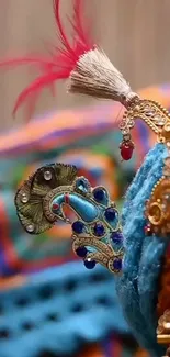 Close-up of a vibrant turquoise peacock design with intricate details.