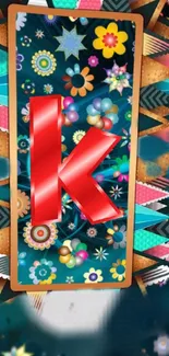 Vibrant floral and geometric phone wallpaper with bold red letter K.